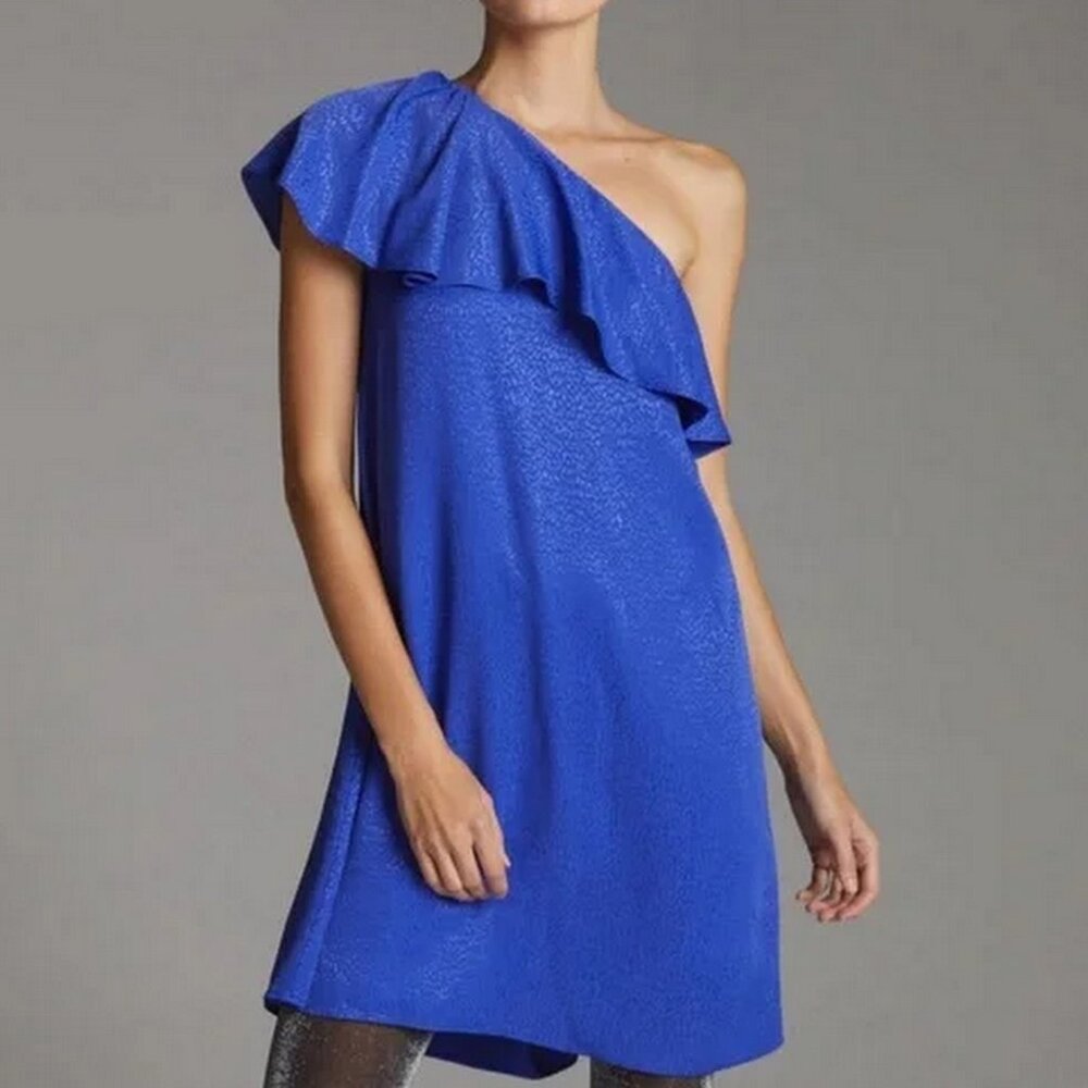 Anthropologie One Shoulder Ruffle Leopard Cheetah Textured Mini Dress